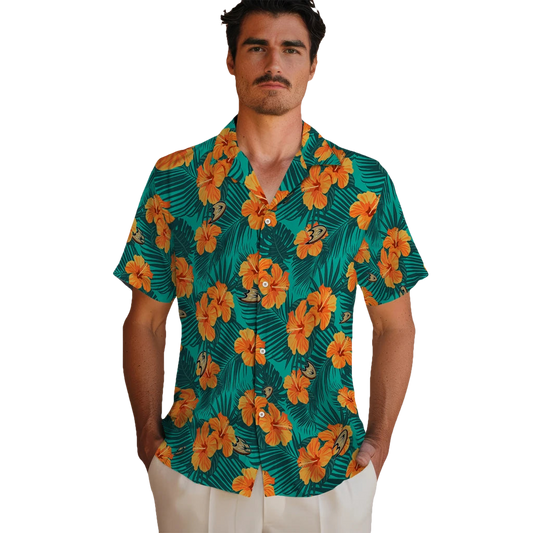 Anaheim Ducks Hawaiian Shirt - Hibiscus and Palm Leaves - Moonbestprint