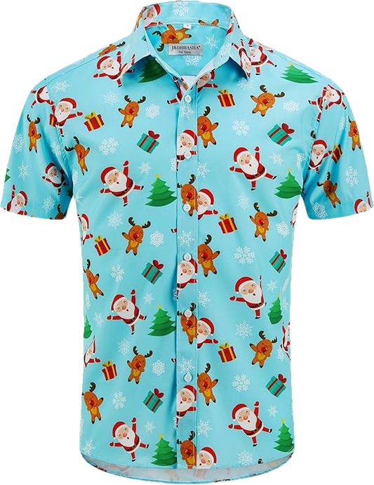 2026 Men’s Christmas Hawaiian Shirt – Santa Print Button Down Holiday Top - Moonbestprint