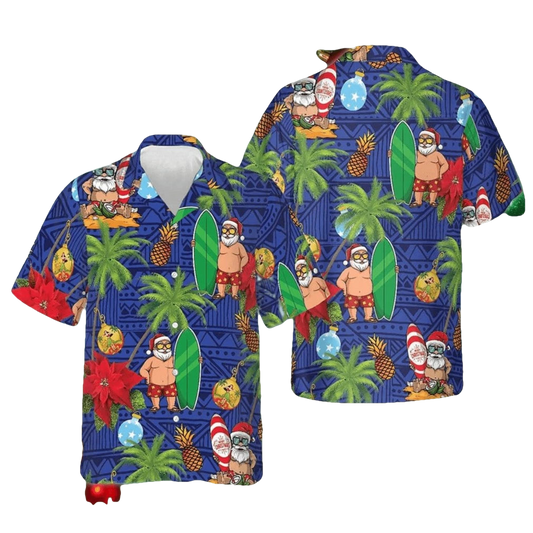 2026 Christmas Tropical Santa Holding Surfboard Hawaiian Shirt - Moonbestprint