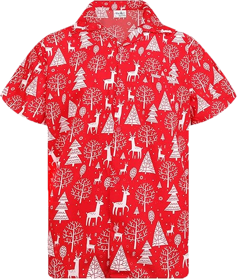 2026 Christmas Santa Tree and Reindeer Hawaiian Shirt Red - Moonbestprint