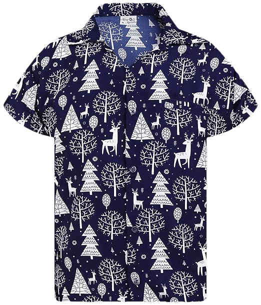 2026 Christmas Santa Tree and Reindeer Hawaiian Shirt Blue - Moonbestprint
