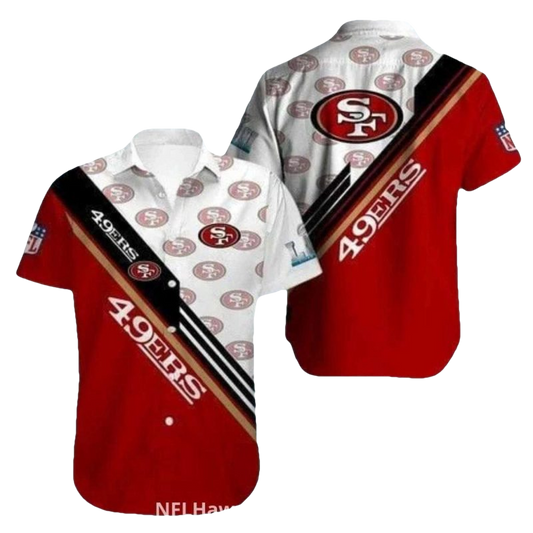 San Francisco 49ers White And Red Stripes Multi Logo Hawaiian Shirt - Moonbestprint