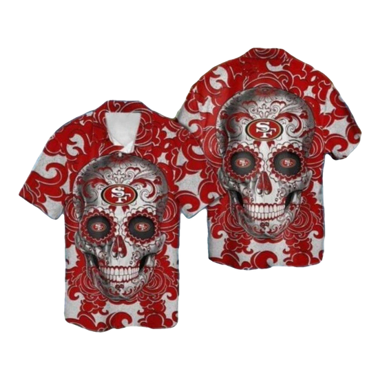 San Francisco 49ers Sugar Skull Red Swirl Design Hawaiian Shirt - Moonbestprint