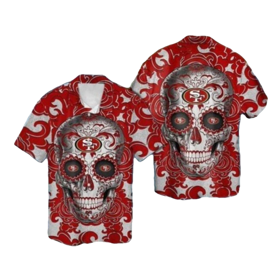 San Francisco 49ers Sugar Skull Red Swirl Design Hawaiian Shirt - Moonbestprint