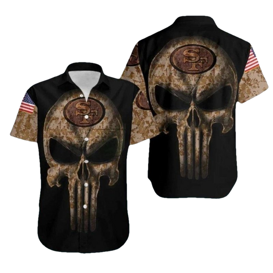 San Francisco 49ers Skull Camo Military Hawaiian Shirt - Moonbestprint