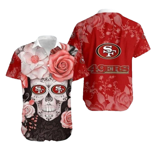 San Francisco 49ers Skull And Rose Art Design Hawaiian Shirt - Moonbestprint