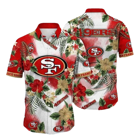 San Francisco 49ers Red And Yellow Hibiscus Floral Tackle Hawaiian Shirt - Moonbestprint