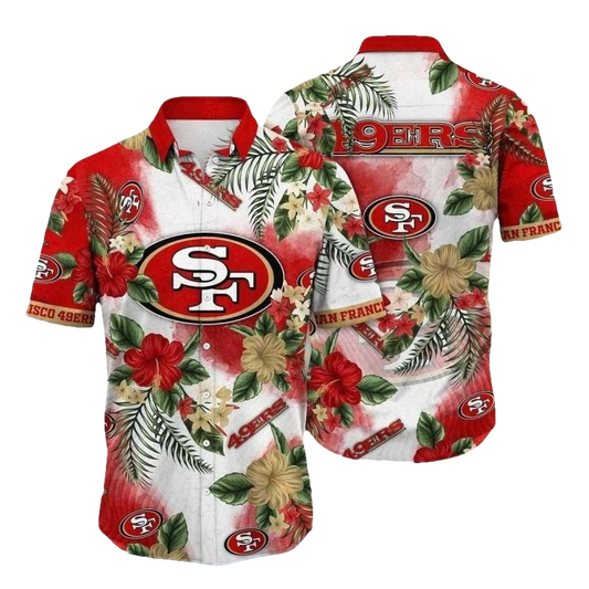 San Francisco 49ers Red And Yellow Hibiscus Floral Tackle Hawaiian Shirt - Moonbestprint