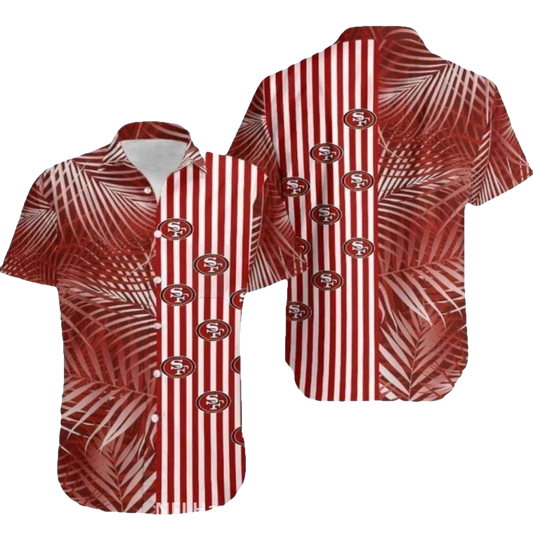 San Francisco 49ers Red And White Striped Palm Leaves Hawaiian Shirt - Moonbestprint
