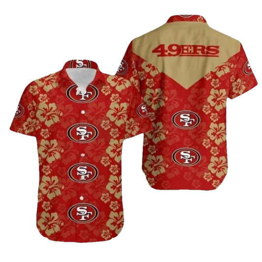 San Francisco 49ers Multi Logo And Yellow Hibiscus Hawaiian Shirt - Moonbestprint