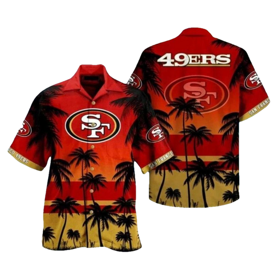 San Francisco 49ers Logo Dynamic Red Sunset And Palms Coconut Tree Hawaiian Shirt - Moonbestprint