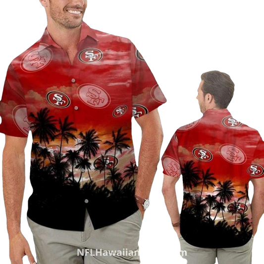 San Francisco 49ers Logo Red With Tropical Sunset Hawaiian Shirt - Moonbestprint