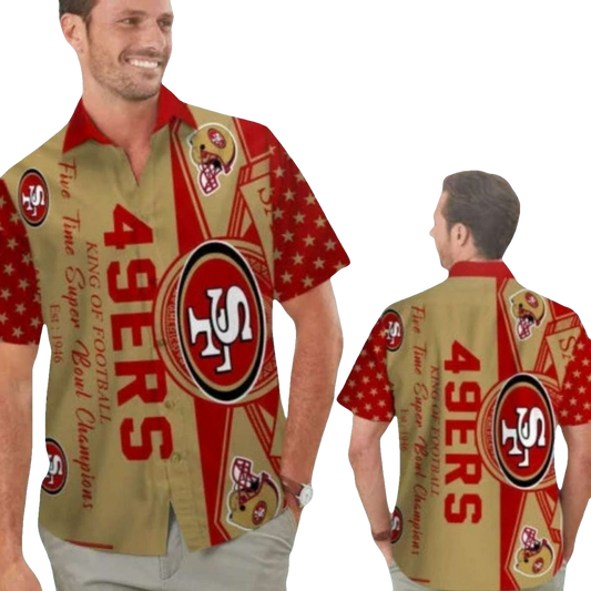 San Francisco 49ers Gold And Red Logo Helmet Hawaiian Shirt - Moonbestprint