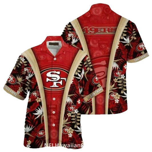 San Francisco 49ers Big Logo Gold And Red Floral Accent Hawaiian Shirt - Moonbestprint