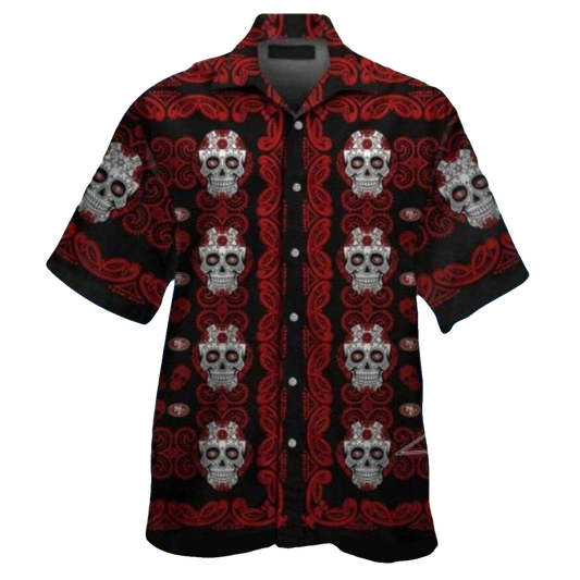 San Francisco 49ers Black And Red Skull Pattern Hawaiian Shirt - Moonbestprint