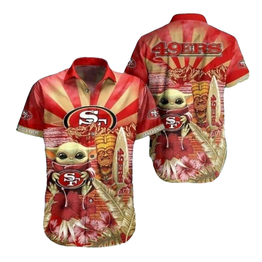San Francisco 49ers Baby Yoda Tiki Totem Surfing Hawaiian Shirt - Moonbestprint
