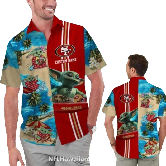 Personalized San Francisco 49ers Funny Baby Yoda Beach Surfing Hawaiian Shirt - Moonbestprint
