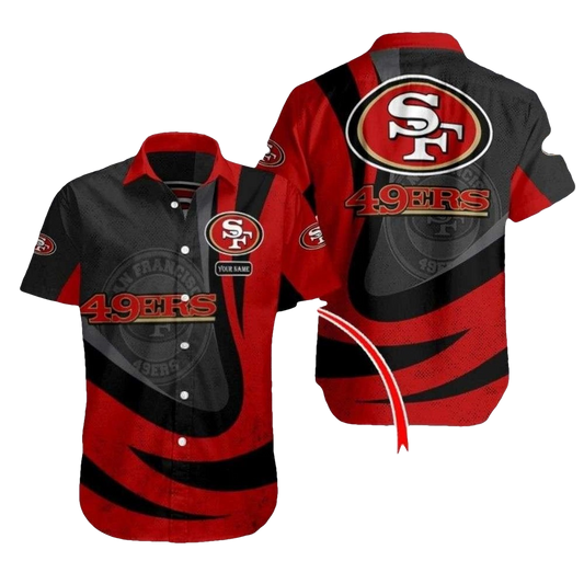 Personalized Classic 49ers Red And Black Striped Fan Essential Hawaiian Shirt - Moonbestprint