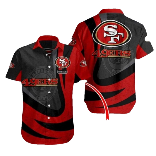 Personalized Classic 49ers Red And Black Striped Fan Essential Hawaiian Shirt - Moonbestprint