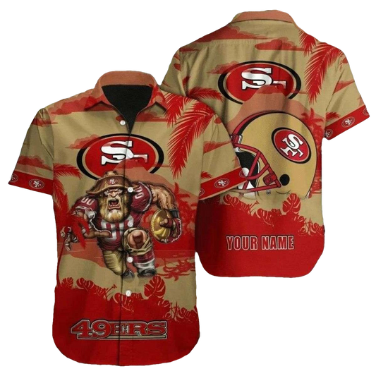 Personalized 49ers Warrior Spirit Gold Rush Mascot And Helmet Hawaiian Shirt - Moonbestprint