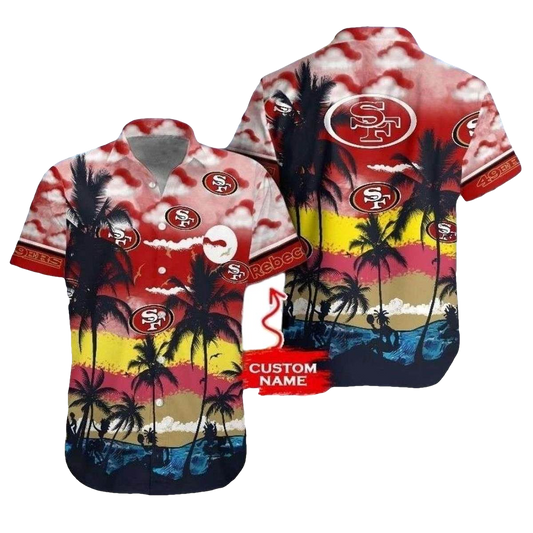 Personalized 49ers Sunset Palms Black And Red Gradient Hawaiian Shirt - Moonbestprint