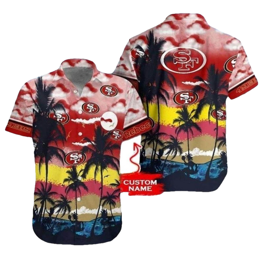Personalized 49ers Sunset Palms Black And Red Gradient Hawaiian Shirt - Moonbestprint