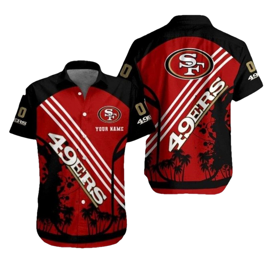 Personalized 49ers Sunset Palm Silhouette Red Black Hawaiian Shirt - Moonbestprint