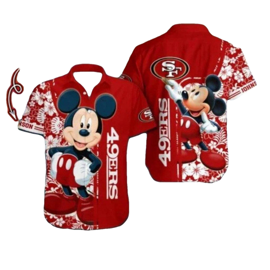 Personalized 49ers Mickey Mouse Red Floral Design Hawaiian Shirt - Moonbestprint