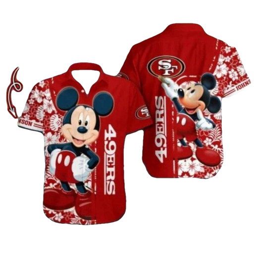 Personalized 49ers Mickey Mouse Red Floral Design Hawaiian Shirt - Moonbestprint