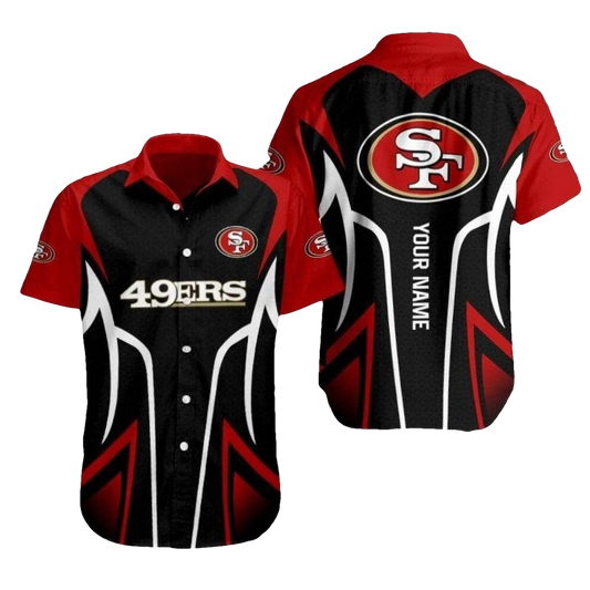 Personalized 49ers Logo Speed Rush Sleek Black Pattern Hawaiian Shirt - Moonbestprint