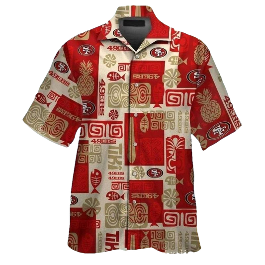 Cultural Fusion 49ers Beige And Red Tiki Pattern Hawaiian Shirt - Moonbestprint