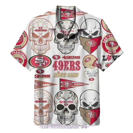 49ers White Skull And Football Graphics Hawaiian Shirt - Moonbestprint
