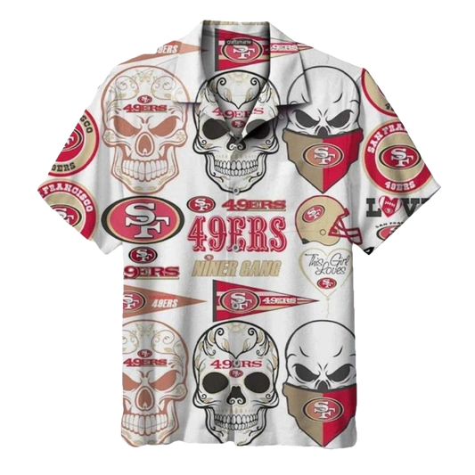 49ers White Skull And Football Graphics Hawaiian Shirt - Moonbestprint