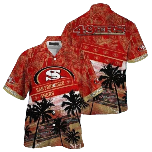 49ers Tiki Sunset Red Palms Hawaiian Shirt - Moonbestprint