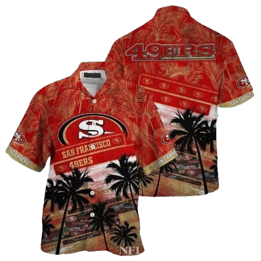 49ers Tiki Sunset Red Palms Hawaiian Shirt - Moonbestprint