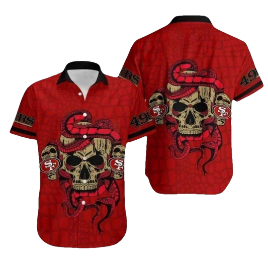49ers Red Skull And Snake Fierce Design Hawaiian Shirt - Moonbestprint