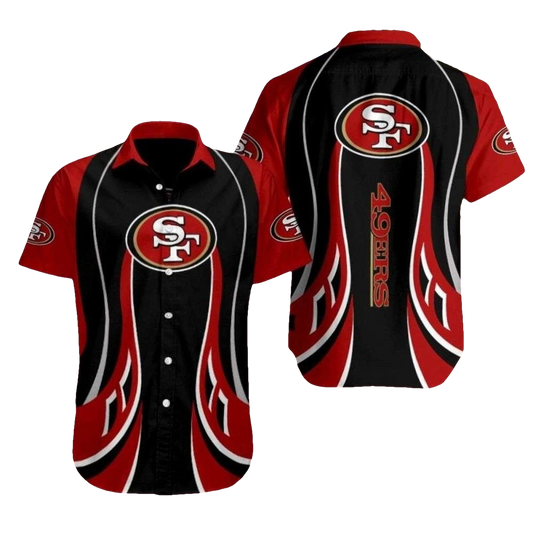 49ers Sleek Swirl Black And Red Hawaiian Shirt - Moonbestprint