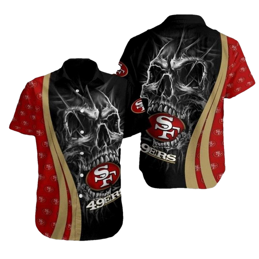 49ers Niners Skull Red Gold Hawaiian Shirt - Moonbestprint