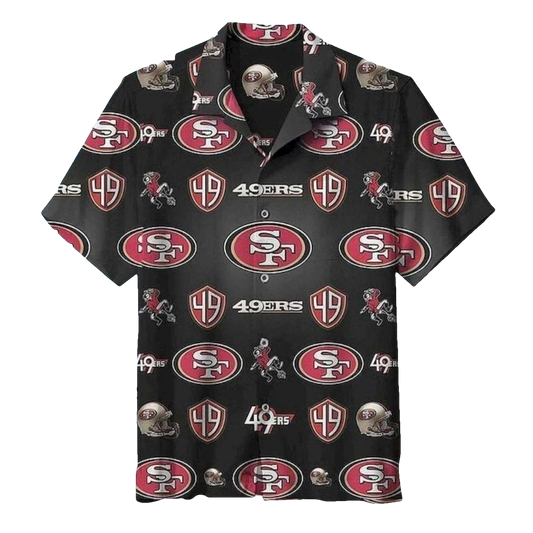 49ers Multi Logo Helmet And Mascot Funny Black Hawaiian Shirt - Moonbestprint
