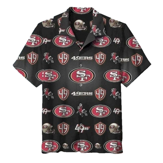49ers Multi Logo Helmet And Mascot Funny Black Hawaiian Shirt - Moonbestprint