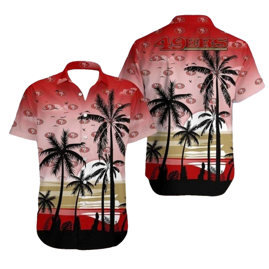 49ers Multi Logo Black Palm Tree Sunset Design Hawaiian Shirt - Moonbestprint