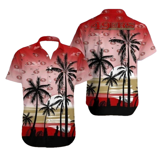 49ers Multi Logo Black Palm Tree Sunset Design Hawaiian Shirt - Moonbestprint