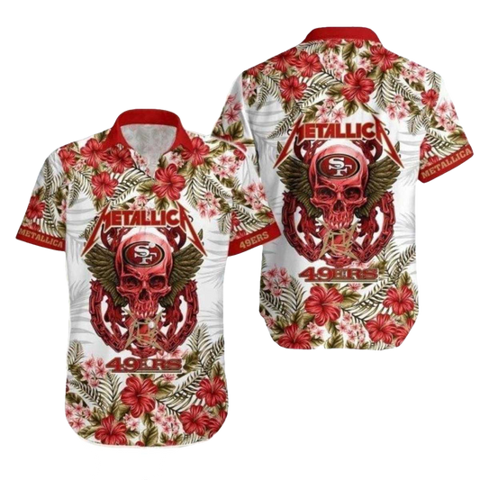 49ers Metal Skull And Floral Hawaiian Shirt - Moonbestprint