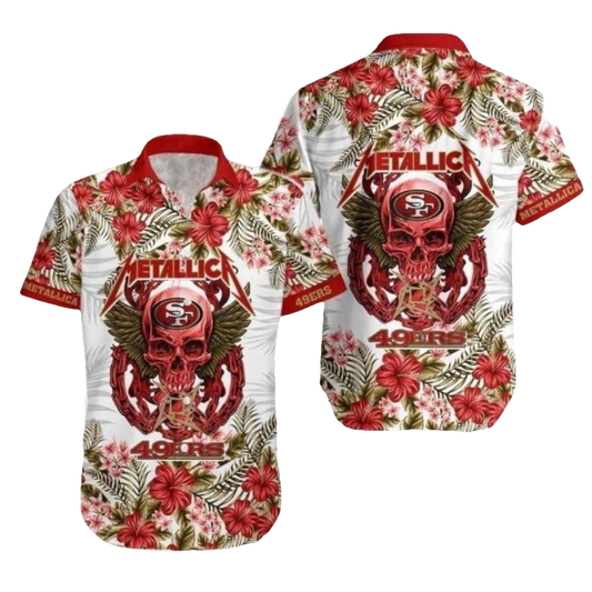49ers Metal Skull And Floral Hawaiian Shirt - Moonbestprint
