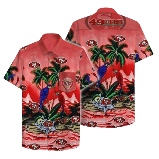 49ers Logo With Parrot Red And Green Tropical Hawaiian Shirt - Moonbestprint