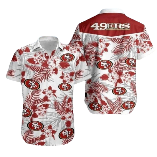 49ers Logo White And Red Floral Palm Pattern Hawaiian Shirt - Moonbestprint