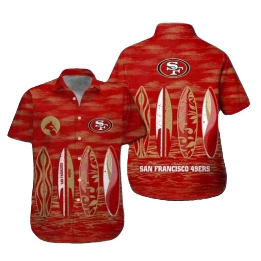 49ers Logo Red With Surfboard Beach Hawaiian Shirt - Moonbestprint