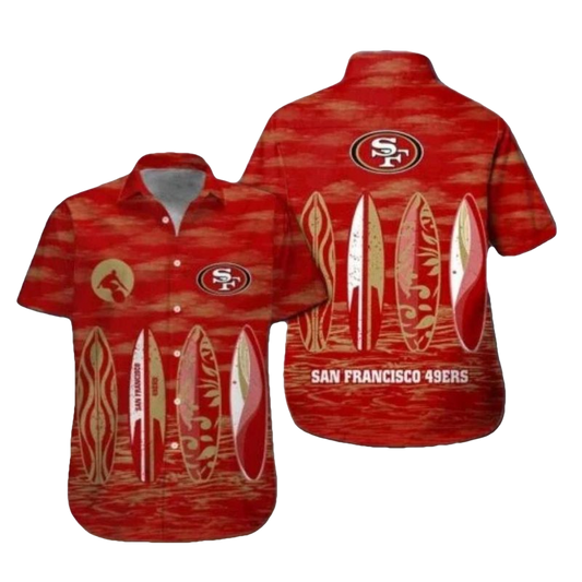 49ers Logo Red With Surfboard Beach Hawaiian Shirt - Moonbestprint