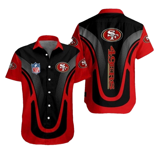 49ers Logo Swoosh Red Black Wave Hawaiian Shirt - Moonbestprint