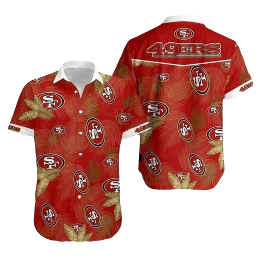 49ers Logo Red And Gold Palm Leaves Pattern Hawaiian Shirt - Moonbestprint